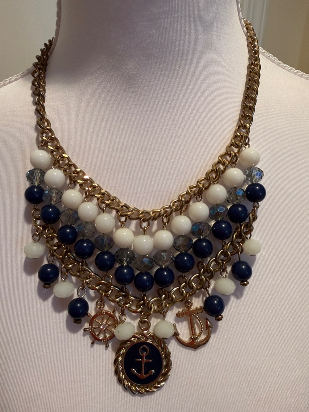 Sarah Coventry Navy, White & Gold NauticalThemed Charm Bib Necklace